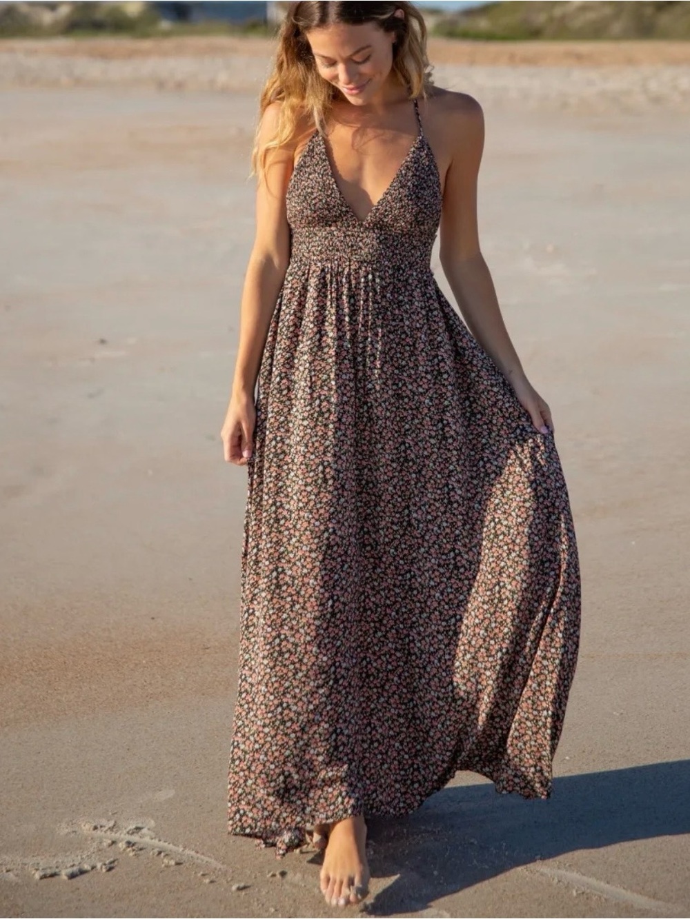 Natural Life Sandy Maxi Dress Black Peach Floral Prairie Cottagecore Boho Size:L